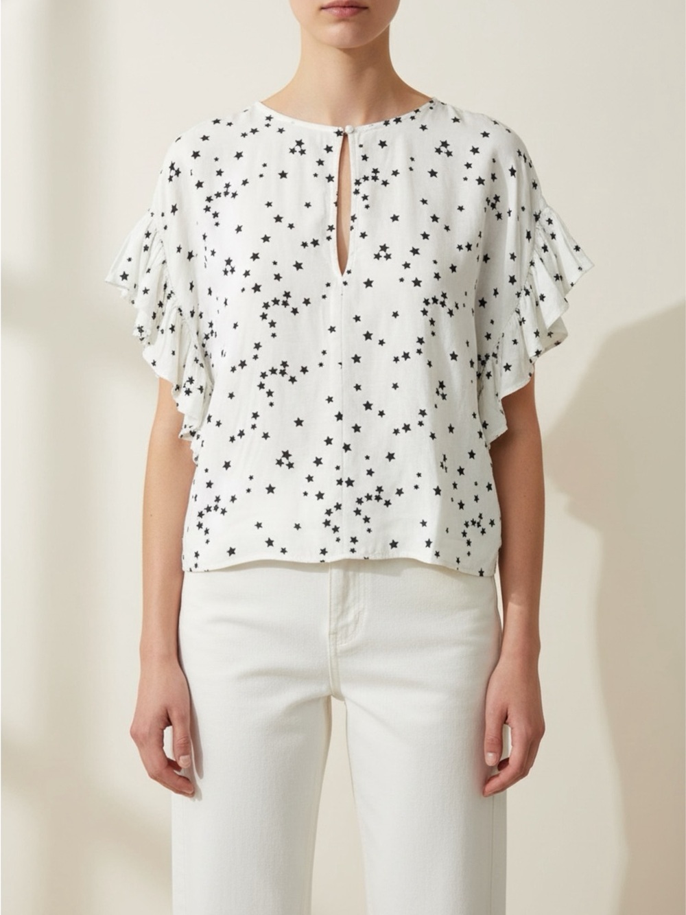 Women's White Star Print Flutter Sleeve Top